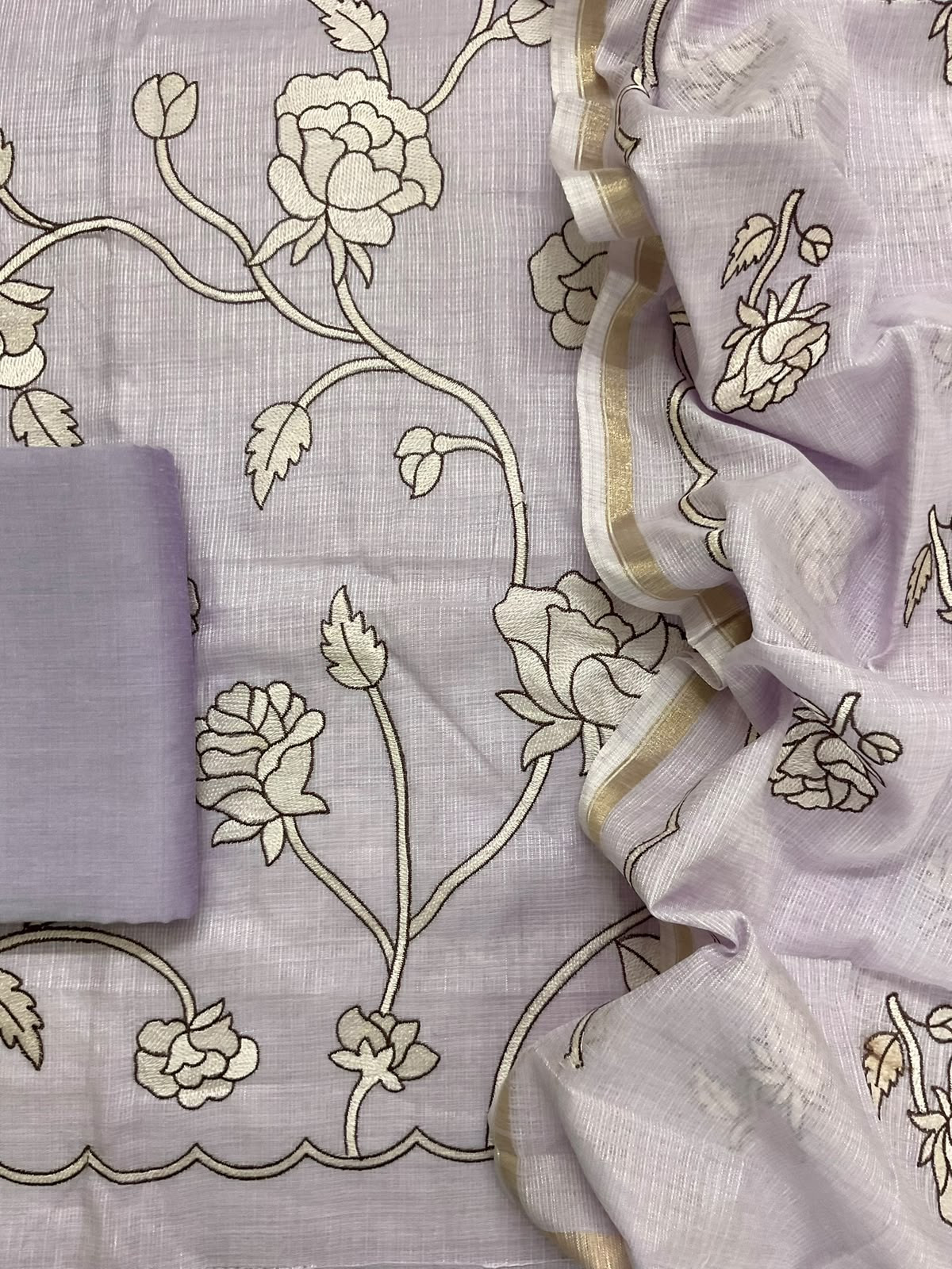Soft Jute Kota Silk Embroidered Suit - Lavender