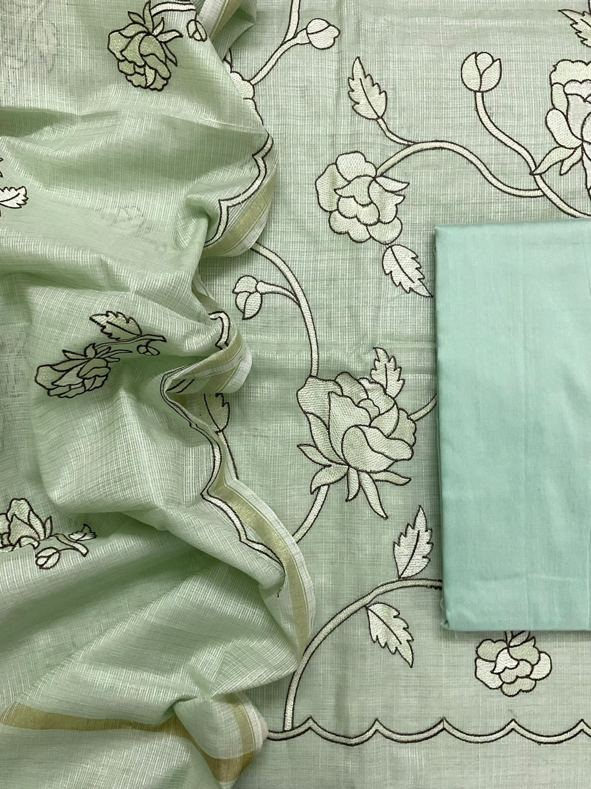 Soft Jute Kota Silk Embroidered Suit - Green