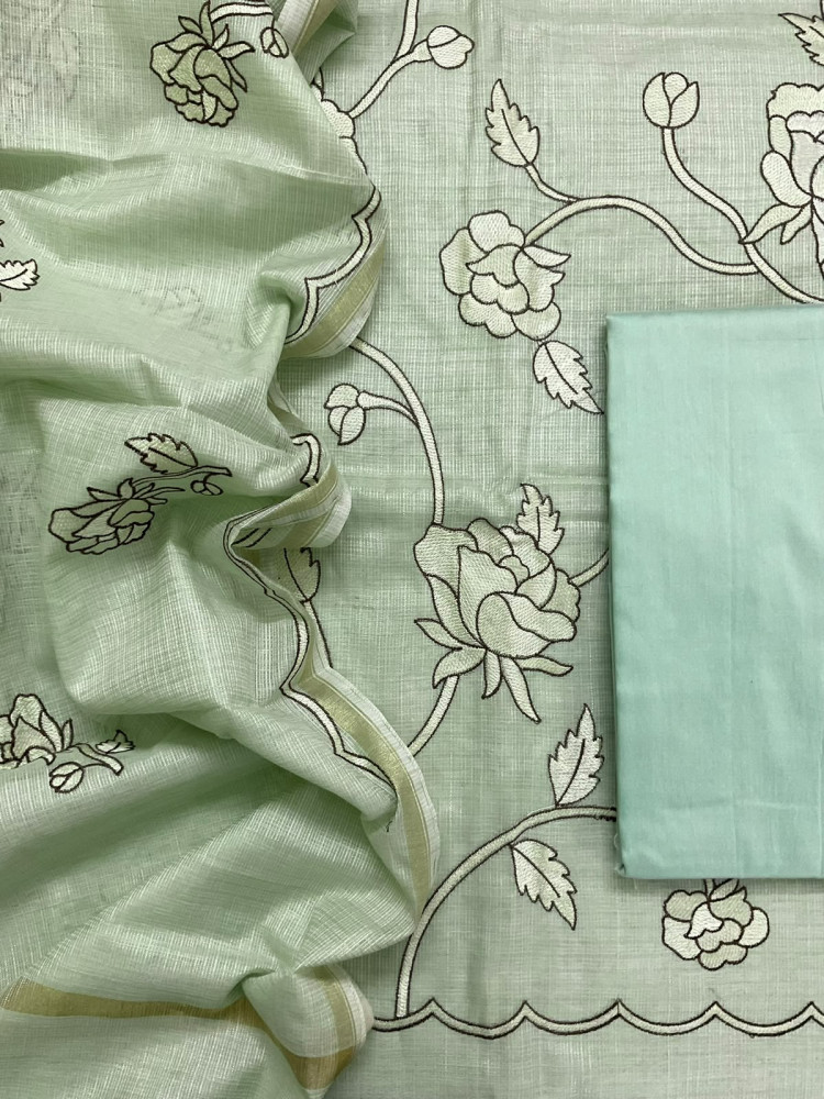 Image of Soft Jute Kota Silk Embroidered Suit - Green