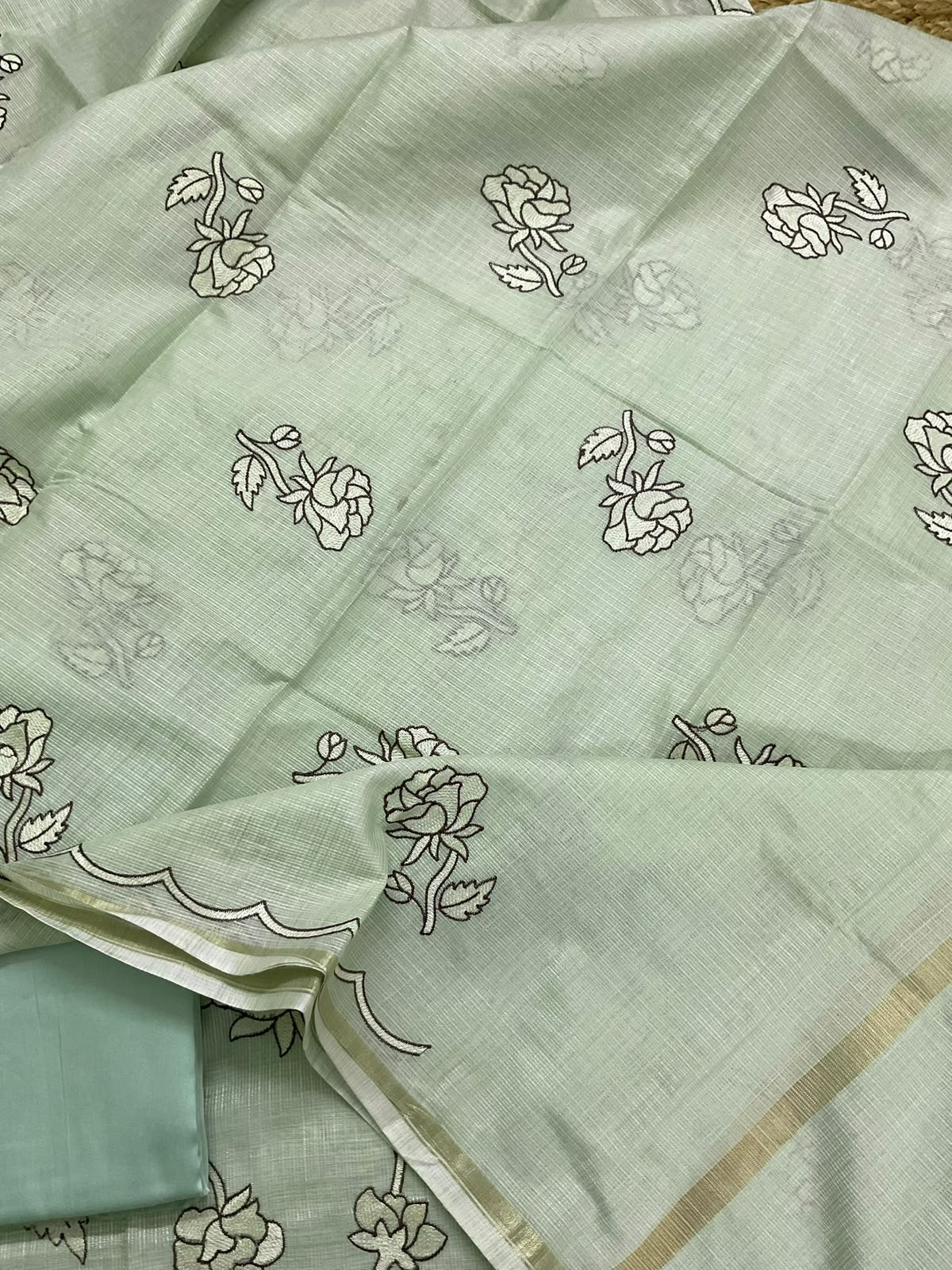 Soft Jute Kota Silk Embroidered Suit - Green