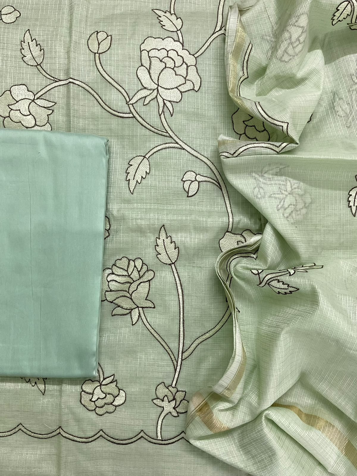 Soft Jute Kota Silk Embroidered Suit - Green