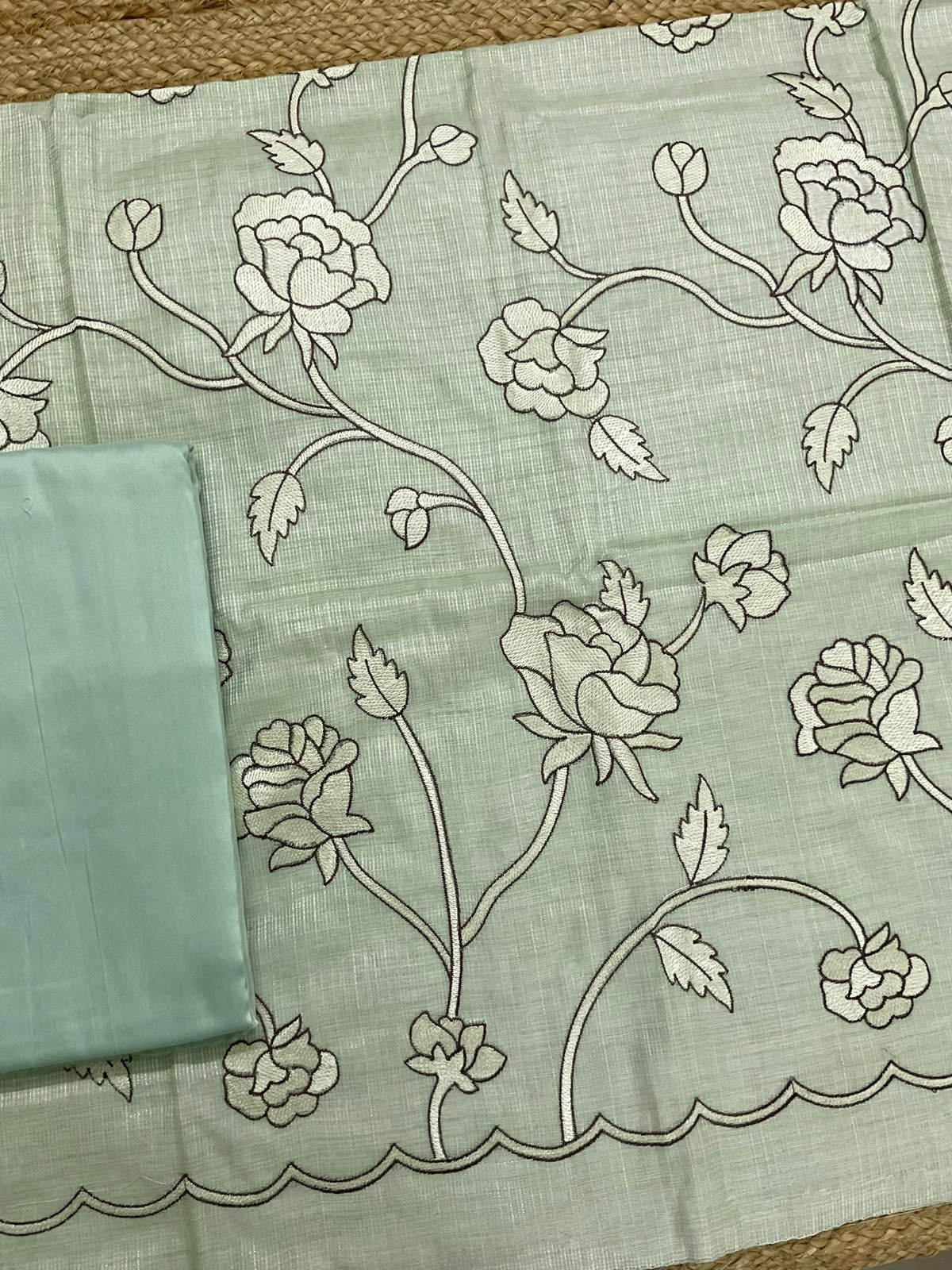 Soft Jute Kota Silk Embroidered Suit - Green