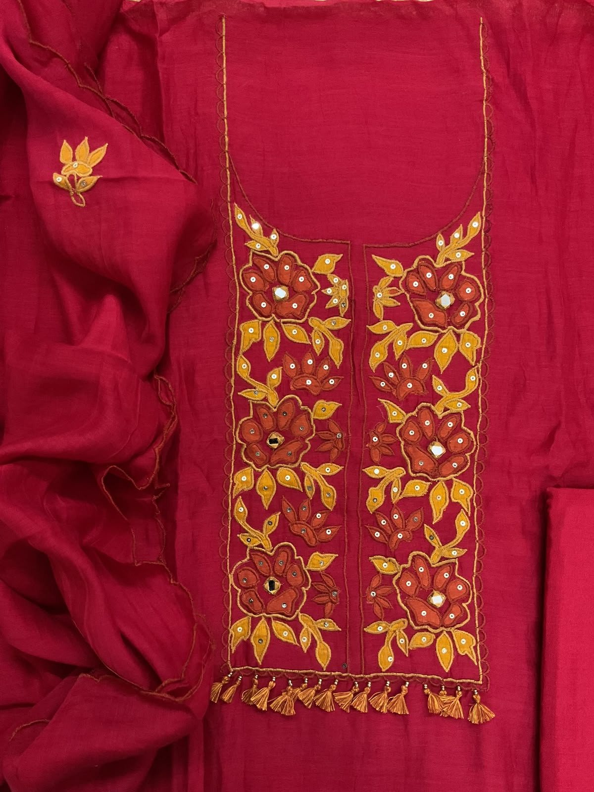Pure Mul Chanderi Embroidered Suit - Red