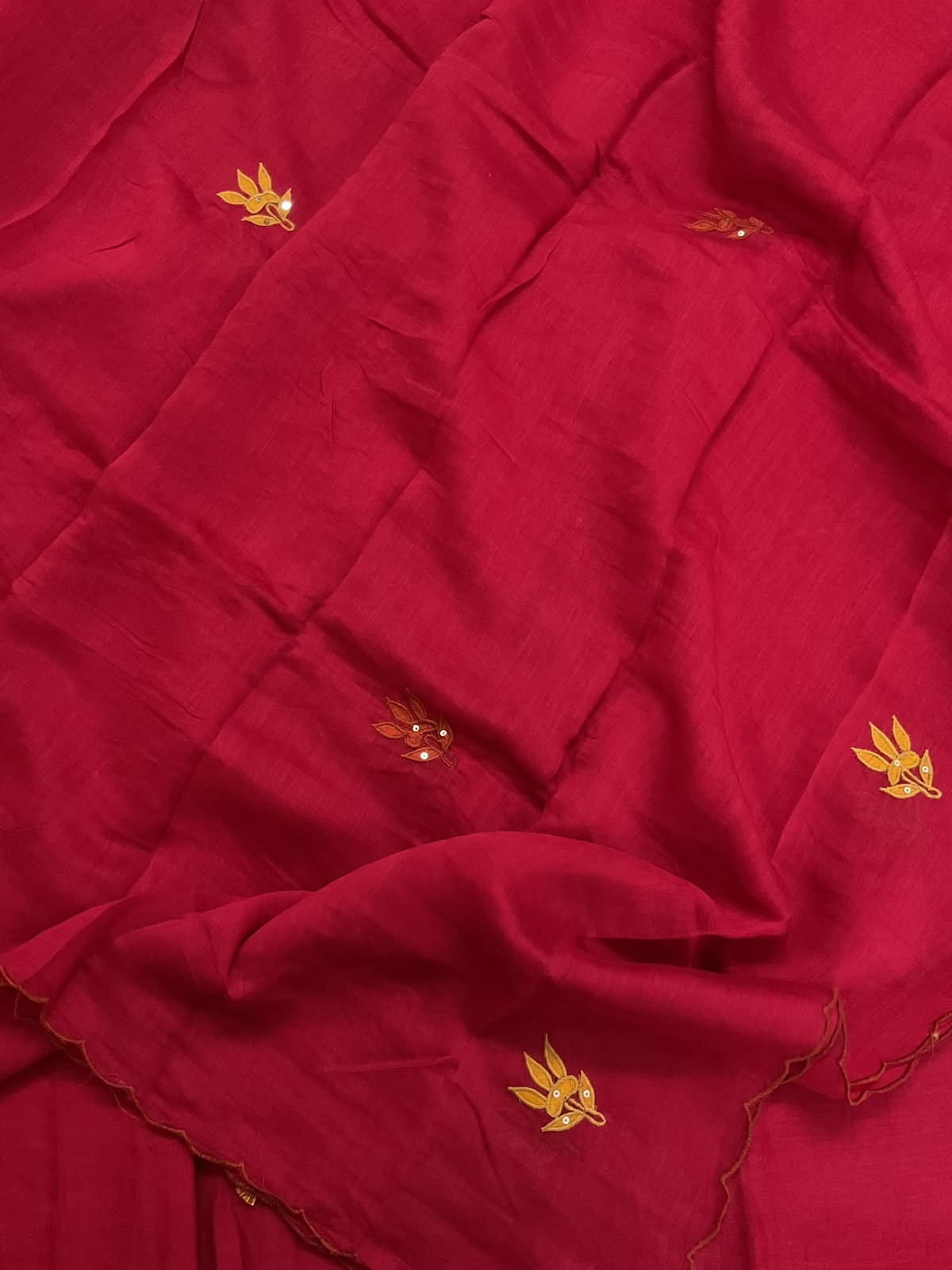 Pure Mul Chanderi Embroidered Suit - Red