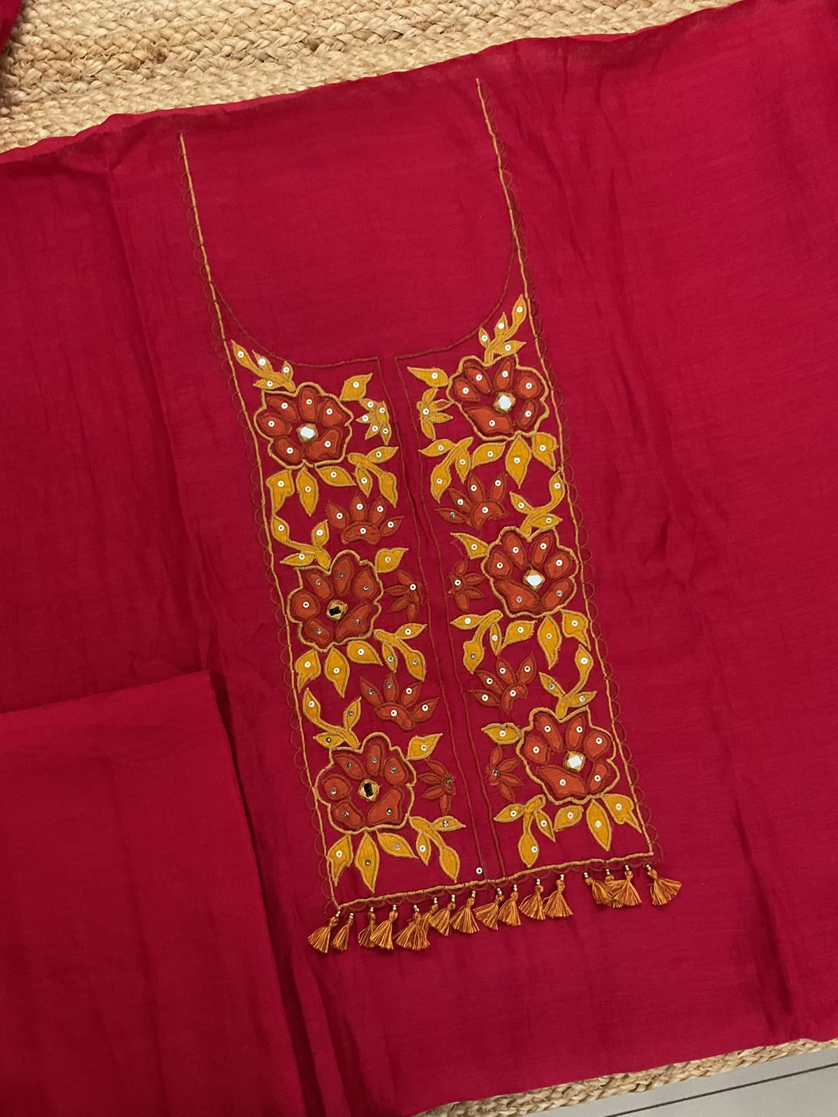 Pure Mul Chanderi Embroidered Suit - Red