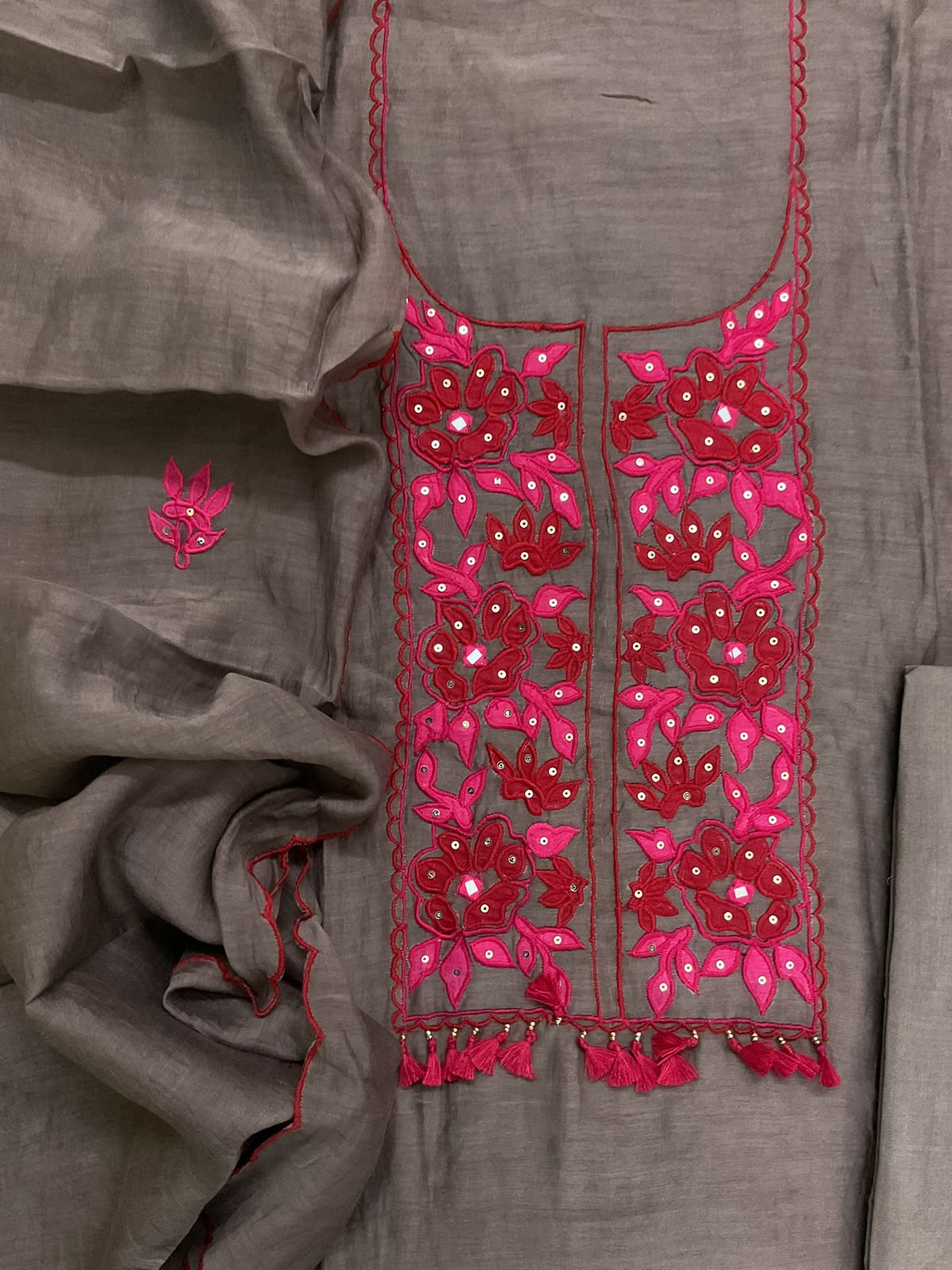 Pure Mul Chanderi Embroidered Suit - Brown