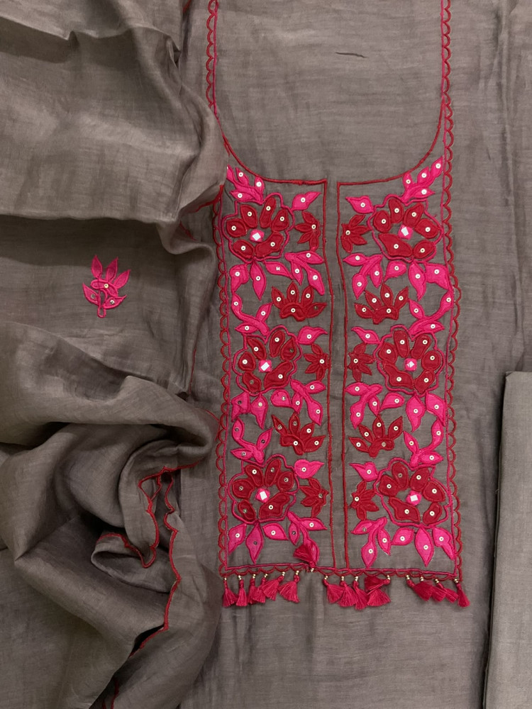Image of Pure Mul Chanderi Embroidered Suit - Brown