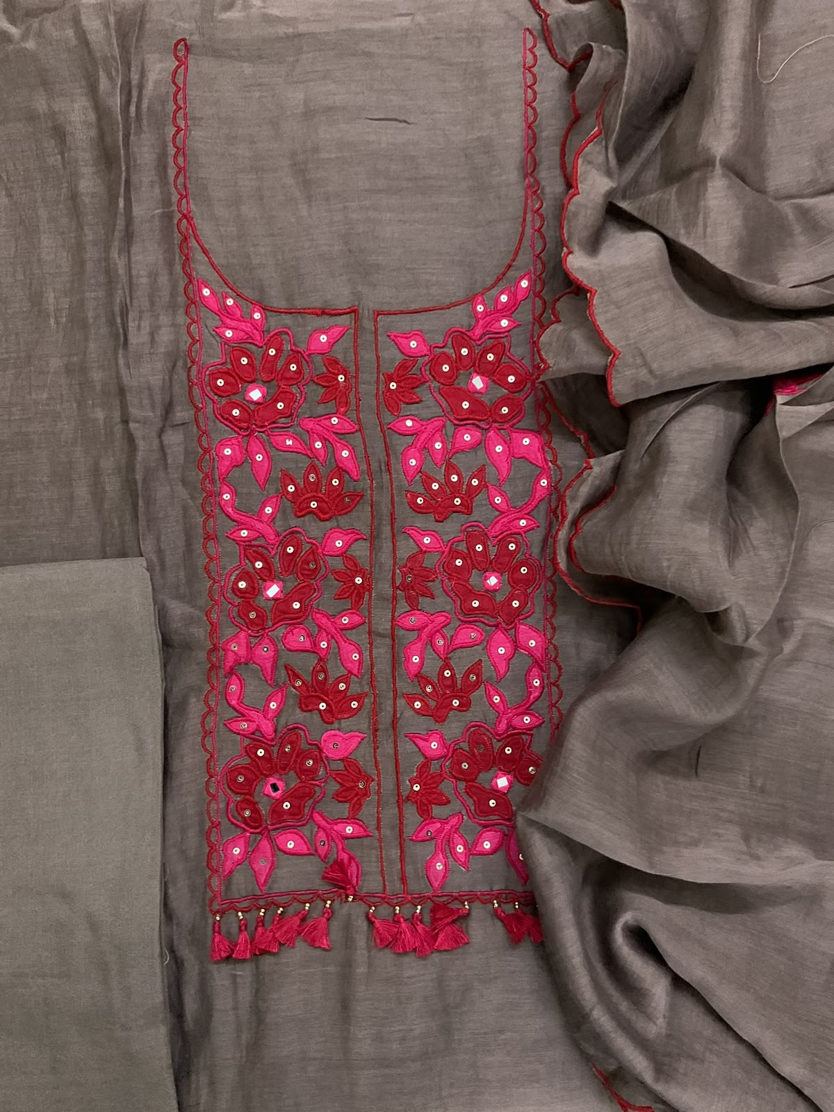 Pure Mul Chanderi Embroidered Suit - Brown