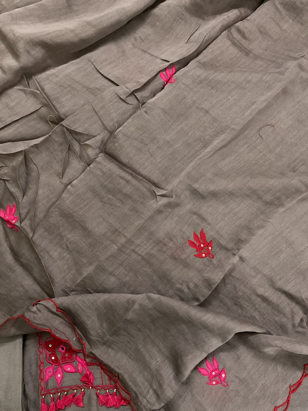 Pure Mul Chanderi Embroidered Suit - Brown