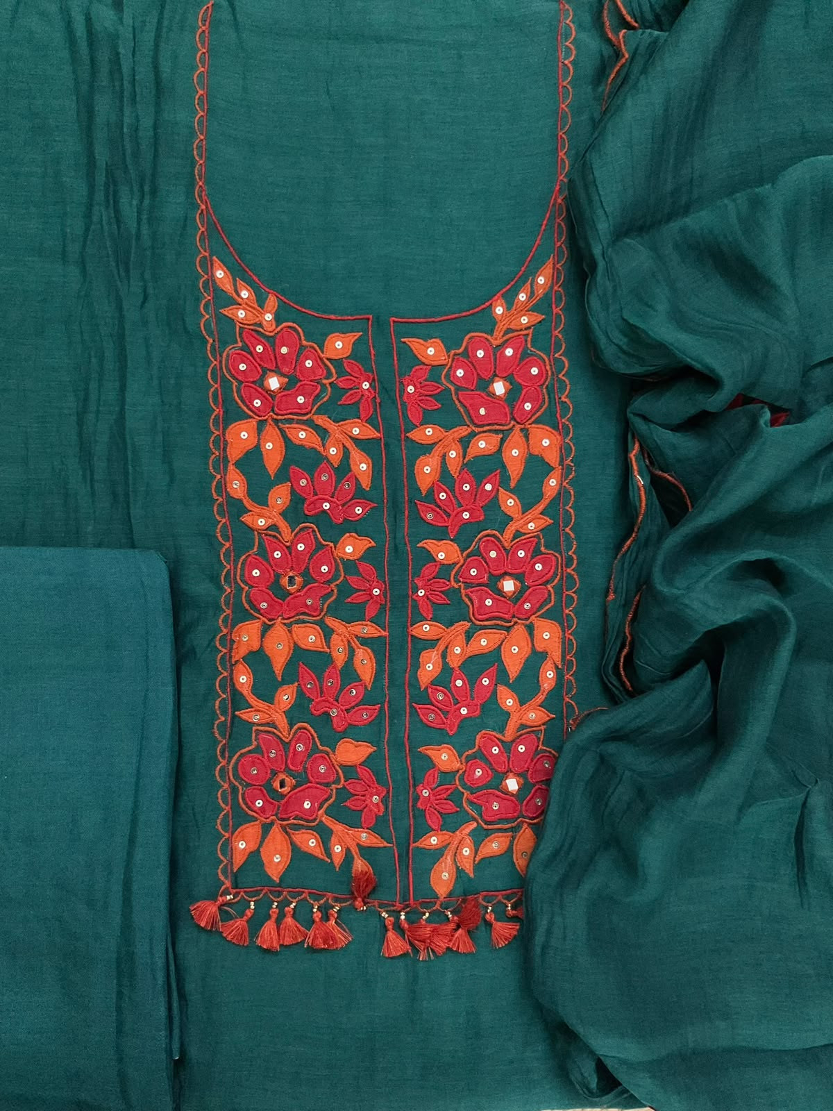 Pure Mul Chanderi Embroidered Suit - Green