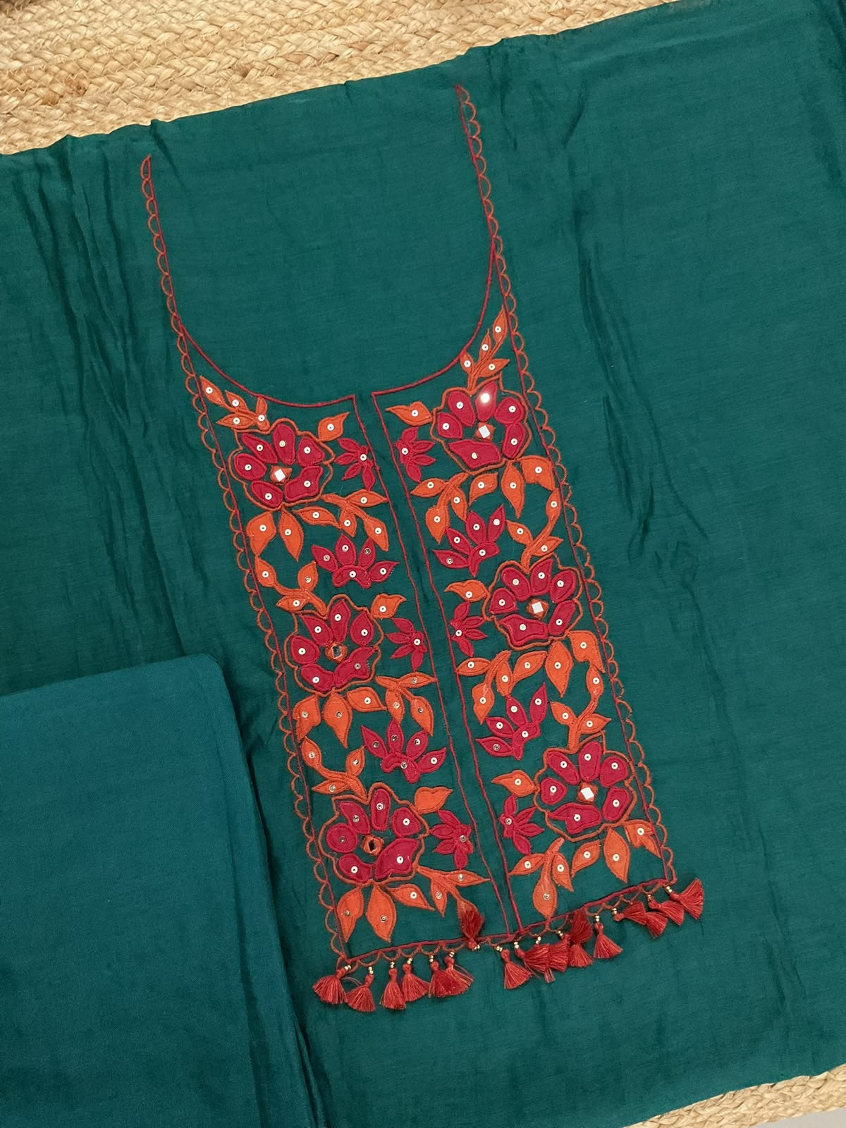 Pure Mul Chanderi Embroidered Suit - Green