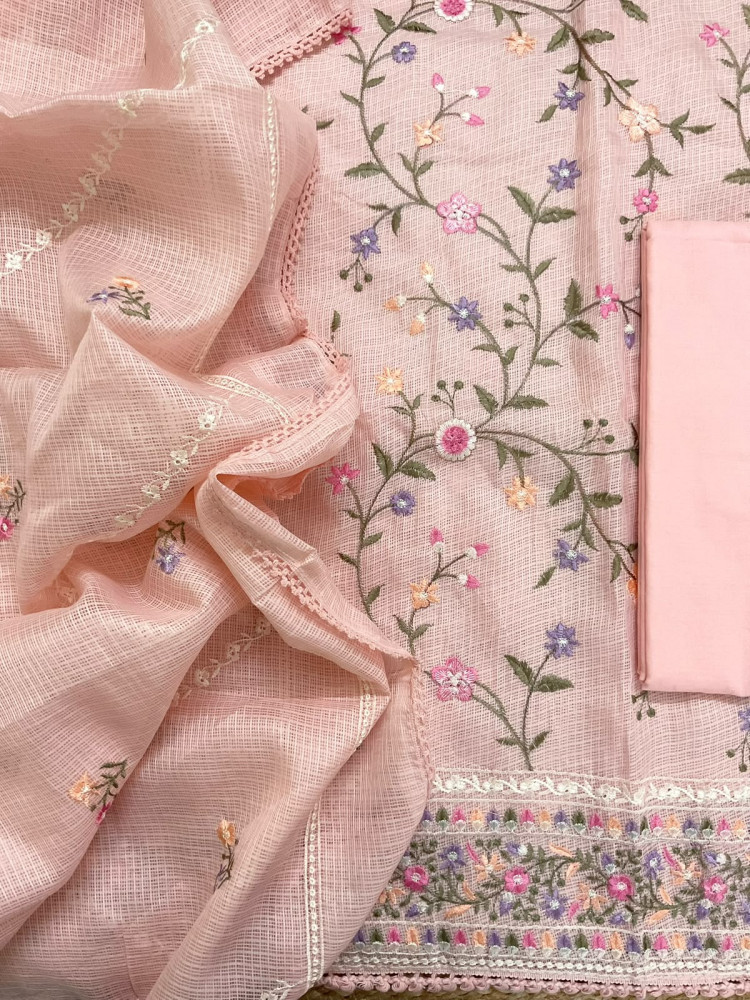 Image of Soft Kota Silk Embroidered Suit - Peach