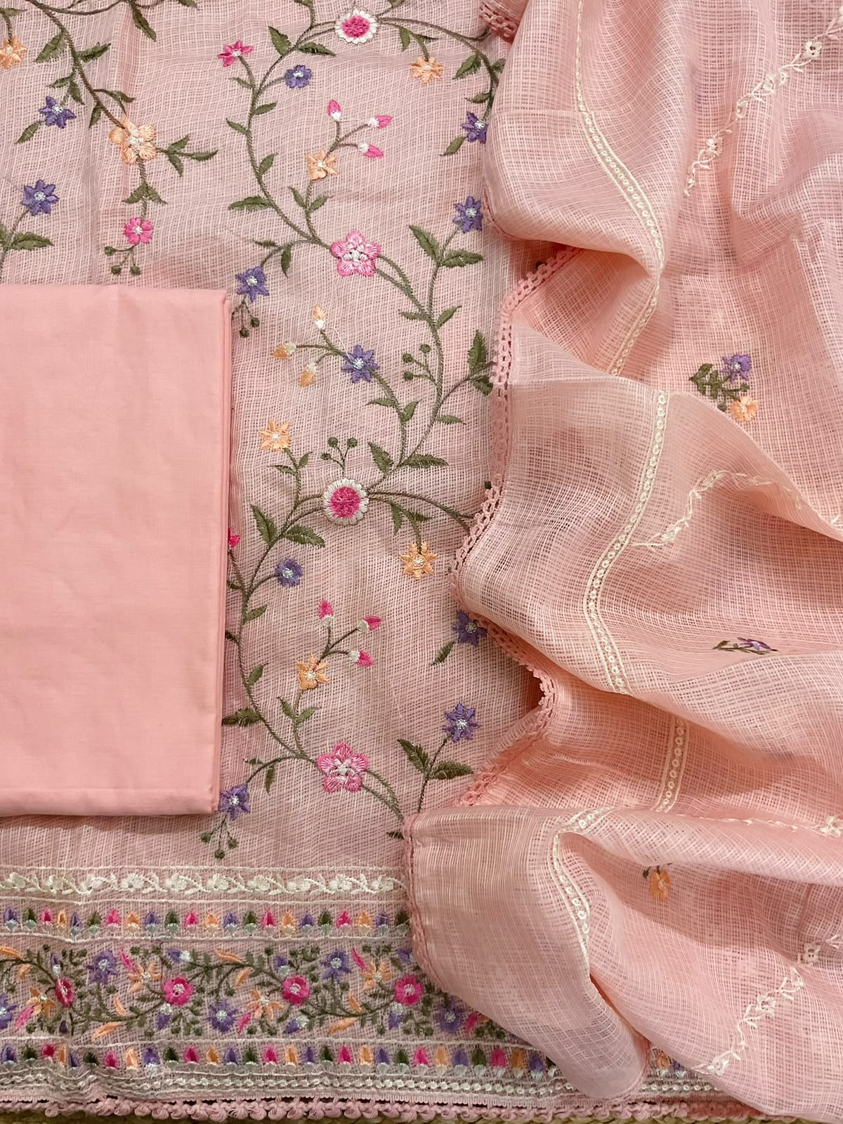 Soft Kota Silk Embroidered Suit - Peach