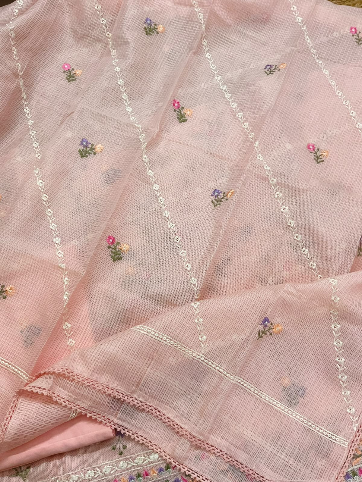 Soft Kota Silk Embroidered Suit - Peach