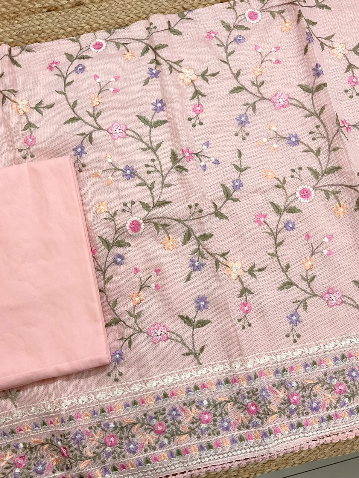 Soft Kota Silk Embroidered Suit - Peach
