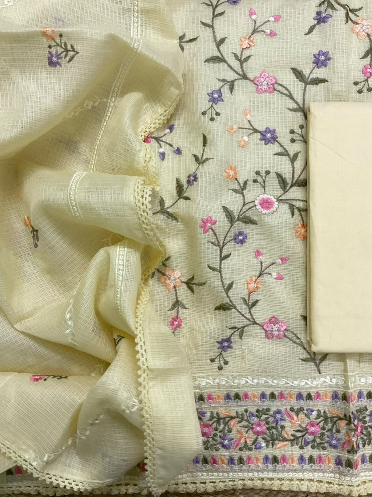 Image of Soft Kota Silk Embroidered Suit - Yellow