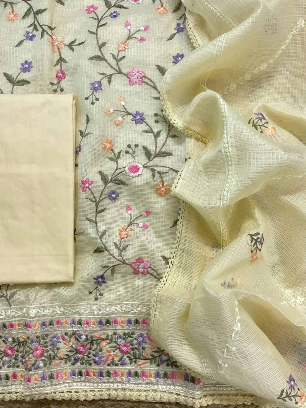 Soft Kota Silk Embroidered Suit - Yellow