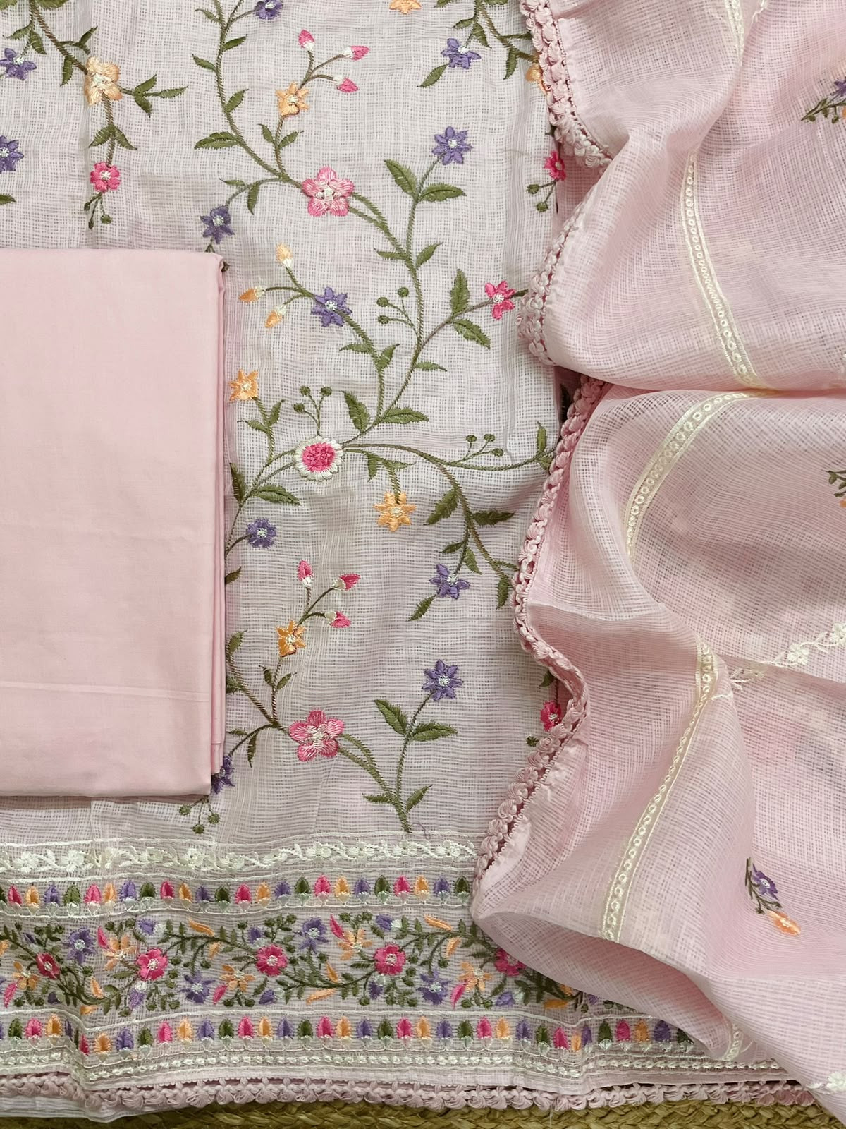 Soft Kota Silk Embroidered Suit - Pink