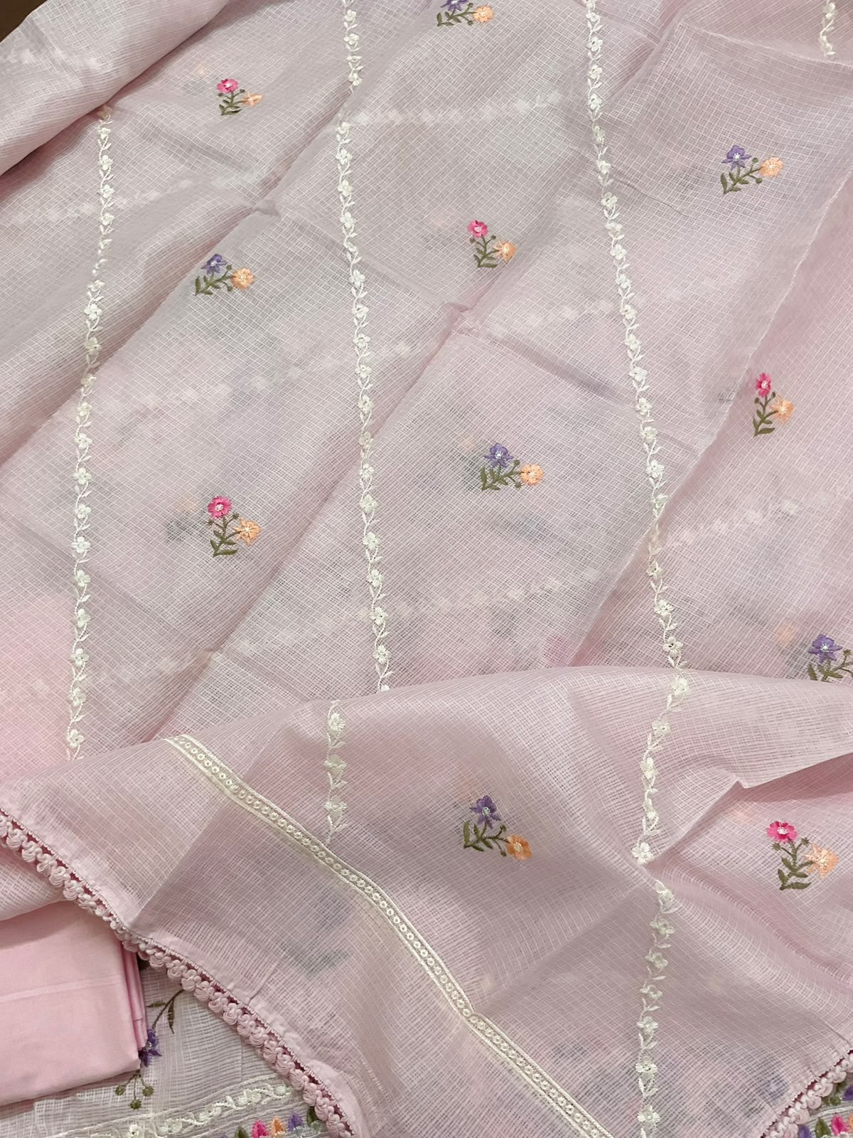 Soft Kota Silk Embroidered Suit - Pink