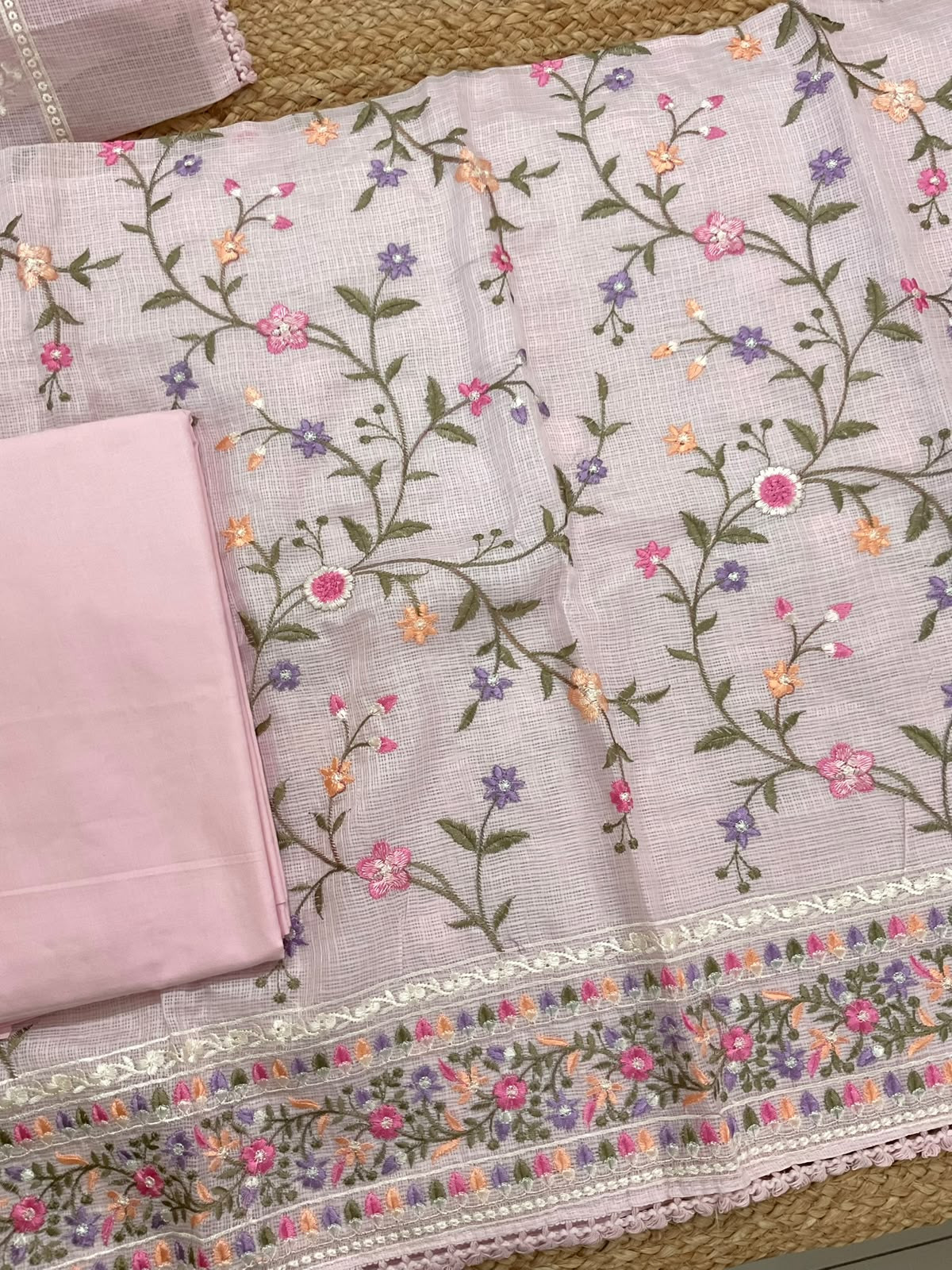 Soft Kota Silk Embroidered Suit - Pink