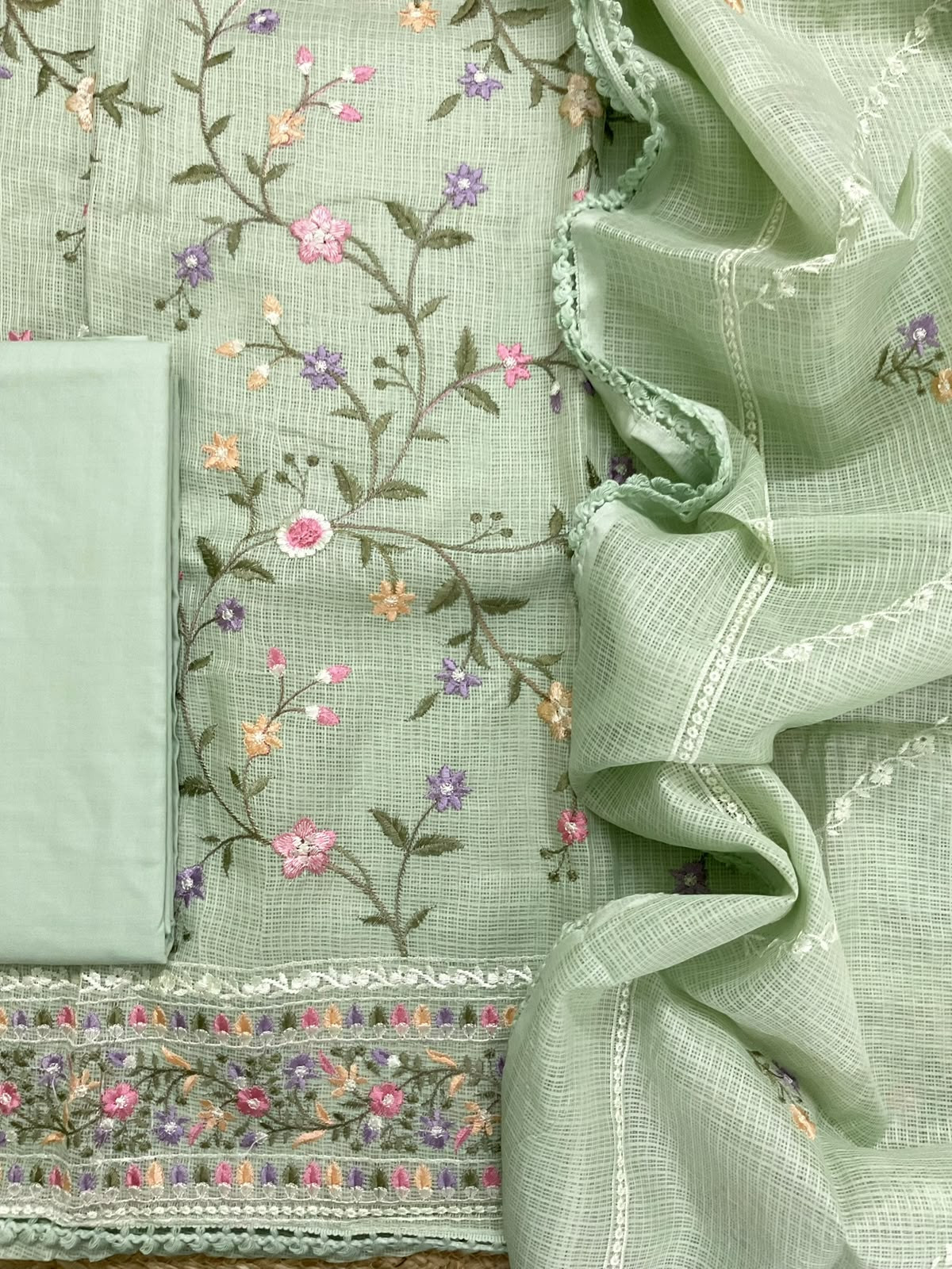 Soft Kota Silk Embroidered Suit - Green