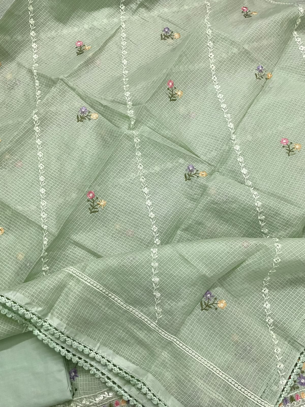 Soft Kota Silk Embroidered Suit - Green