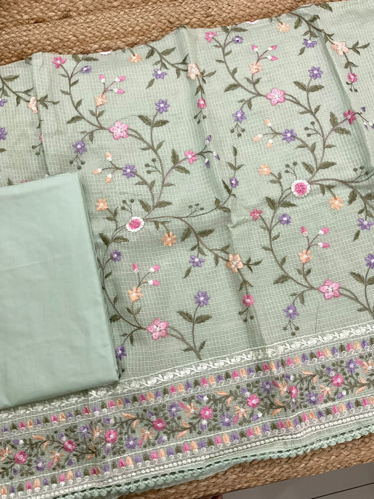 Soft Kota Silk Embroidered Suit - Green