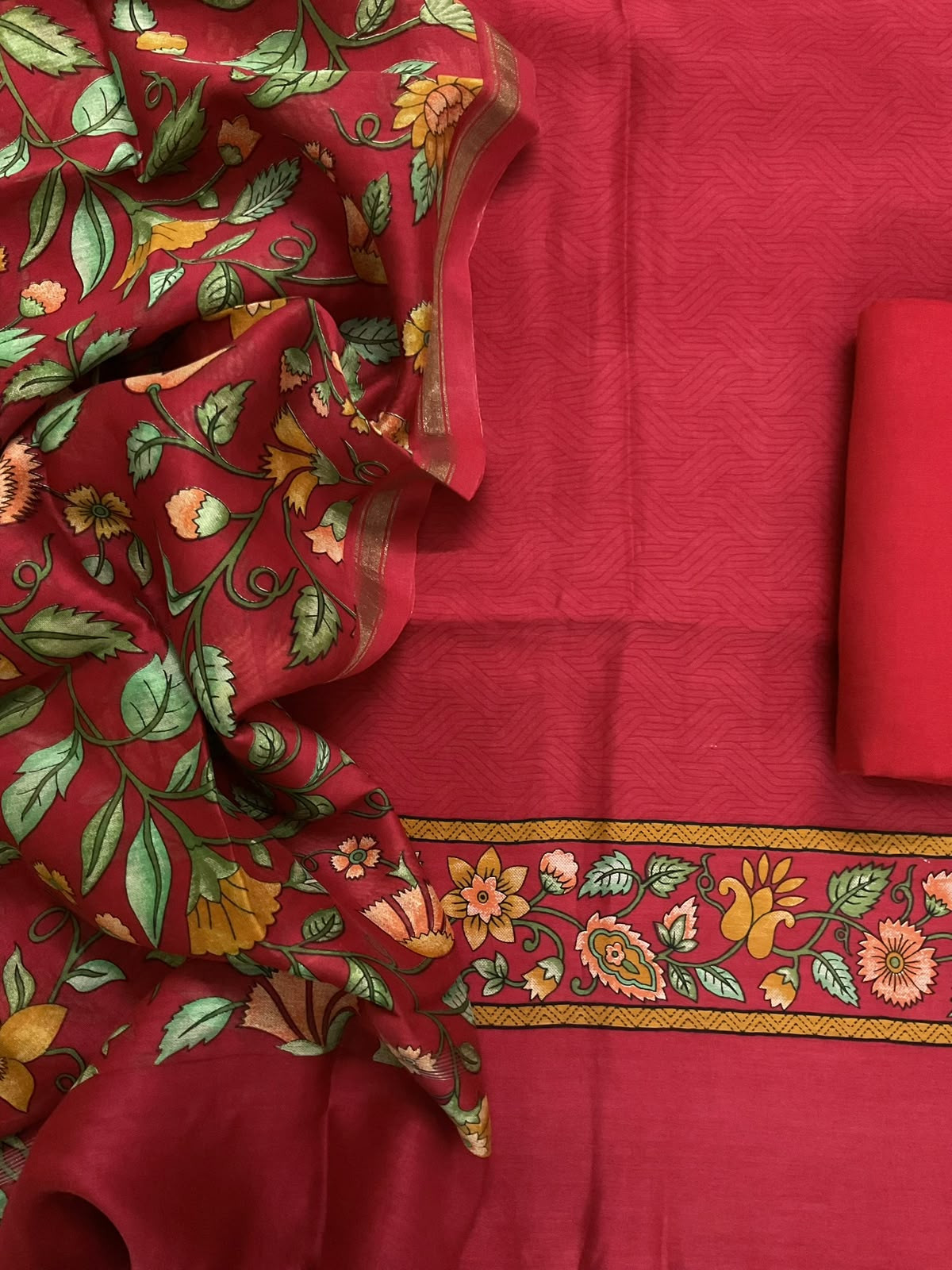 Pure Mul Chanderi Printed Suit - Red