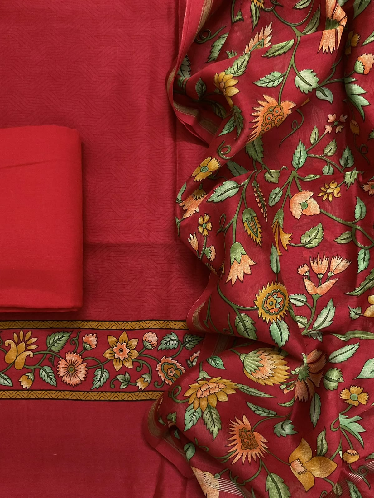 Pure Mul Chanderi Printed Suit - Red