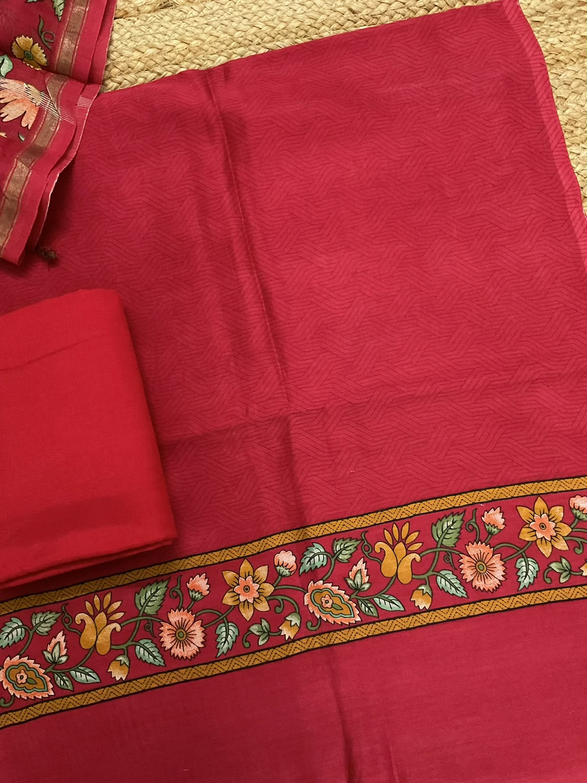Pure Mul Chanderi Printed Suit - Red