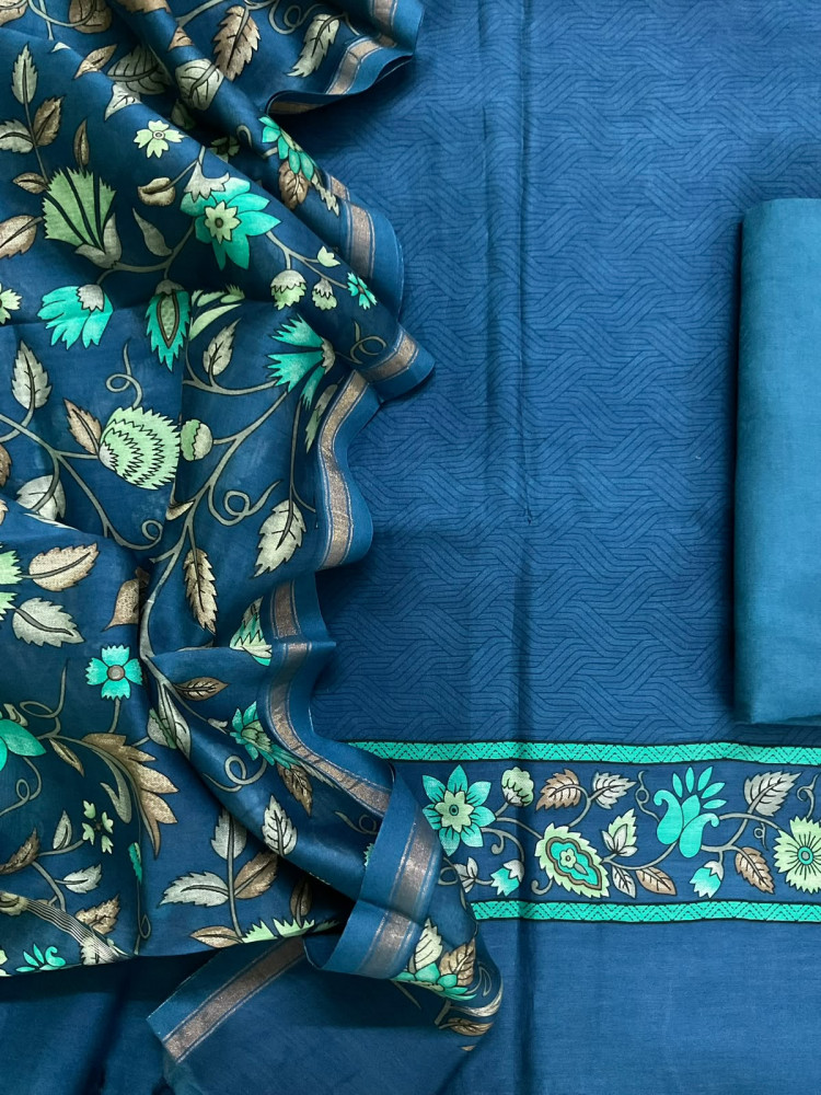 Image of Pure Mul Chanderi Printed Suit - Blue