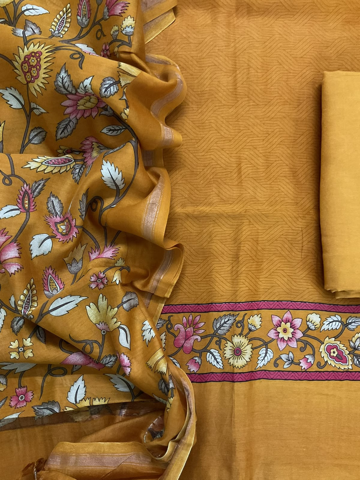 Pure Mul Chanderi Printed Suit - Mustard