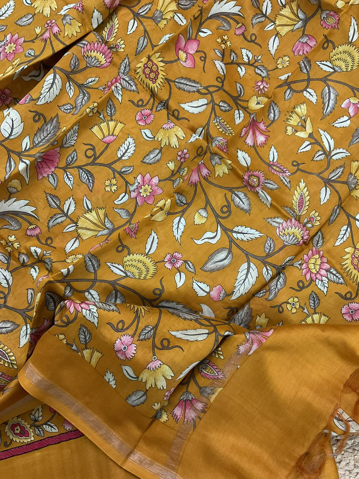 Pure Mul Chanderi Printed Suit - Mustard