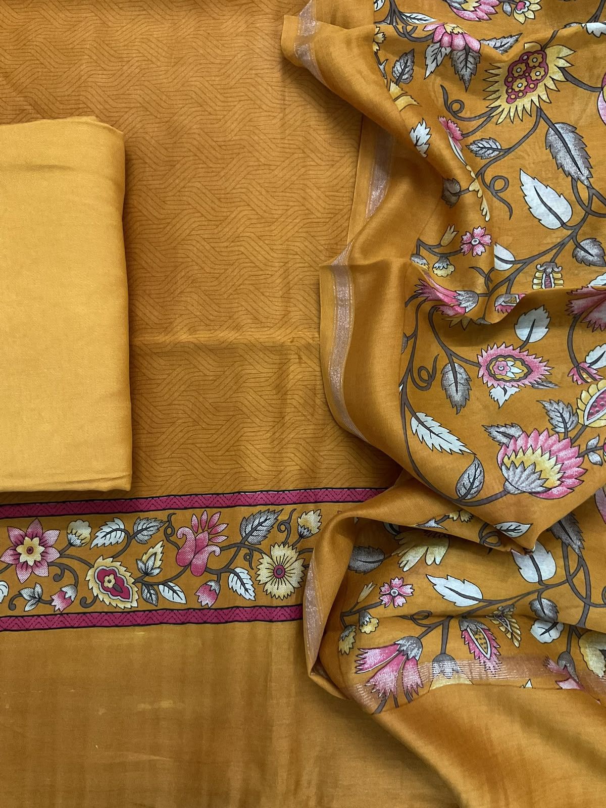 Pure Mul Chanderi Printed Suit - Mustard