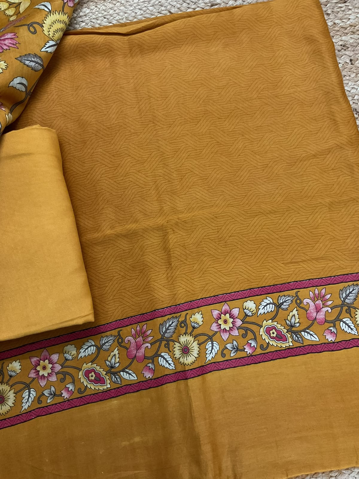 Pure Mul Chanderi Printed Suit - Mustard
