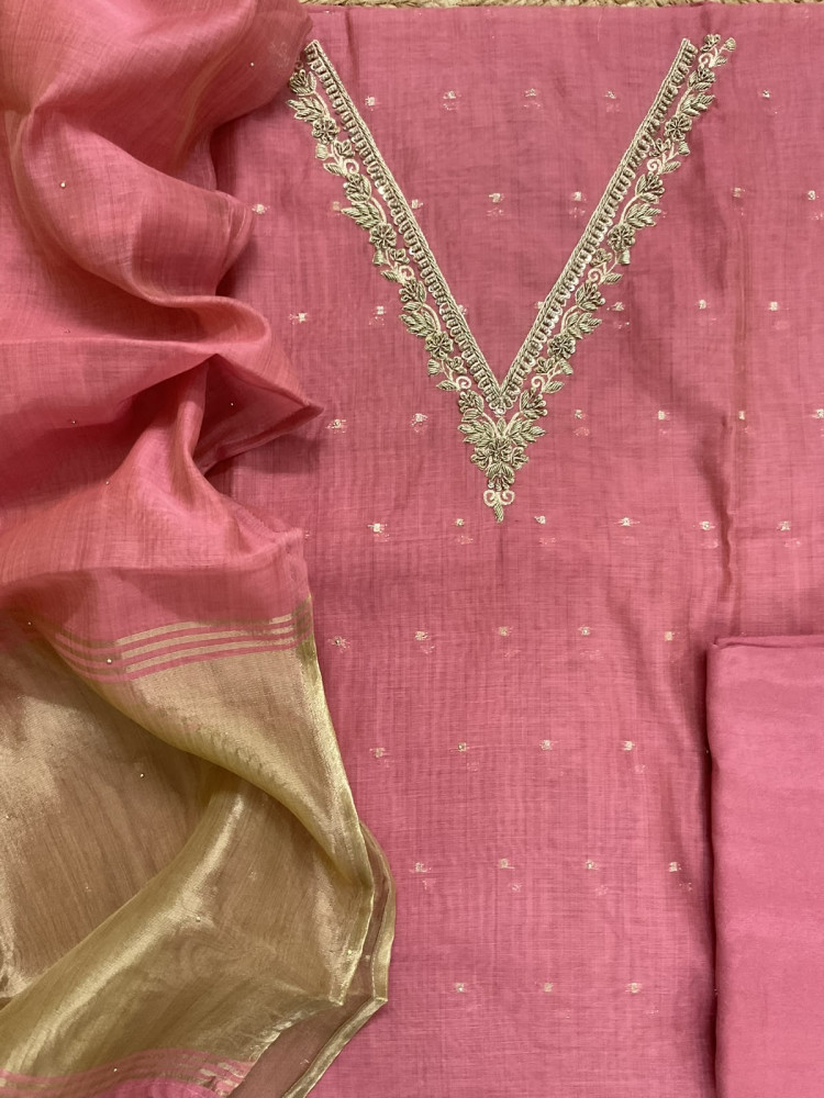 Image of Soft Kora Chanderi Banarasi Weaved Embroidered Suit - Pink