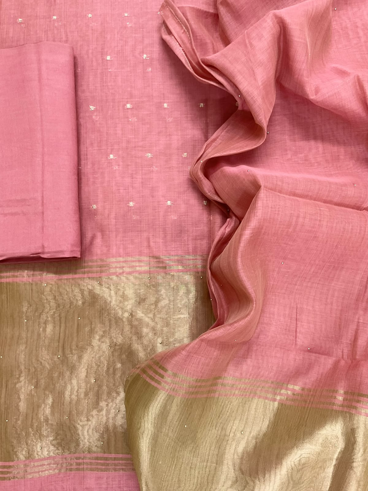 Soft Kora Chanderi Banarasi Weaved Embroidered Suit - Pink
