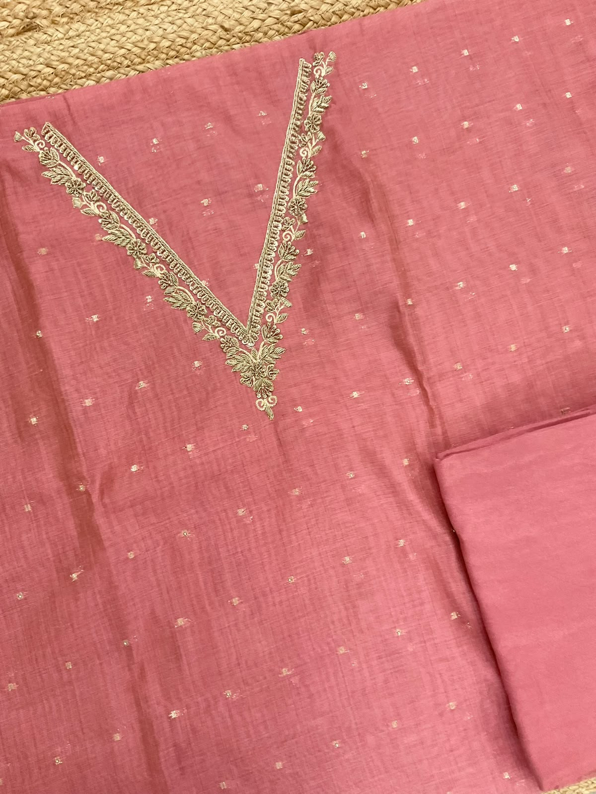 Soft Kora Chanderi Banarasi Weaved Embroidered Suit - Pink