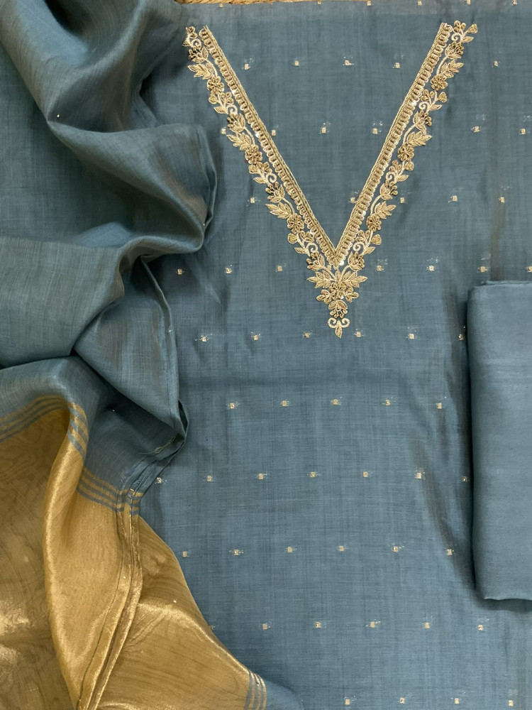 Image of Soft Kora Chanderi Banarasi Weaved Embroidered Suit - Blue
