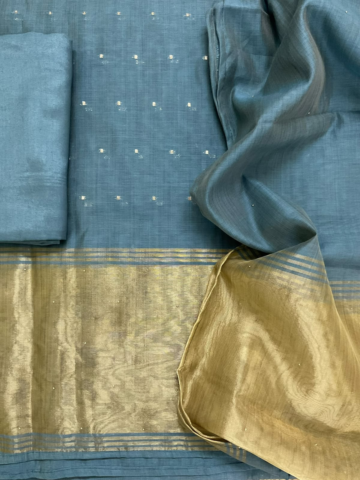 Soft Kora Chanderi Banarasi Weaved Embroidered Suit - Blue