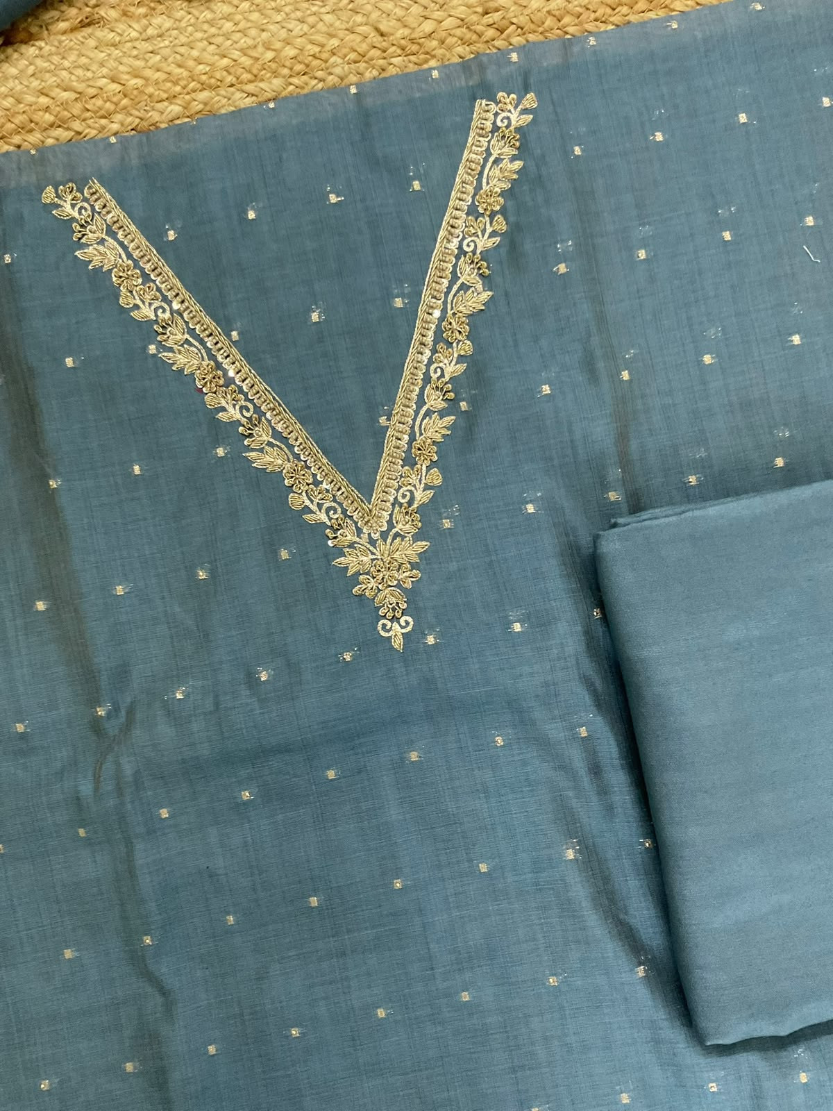Soft Kora Chanderi Banarasi Weaved Embroidered Suit - Blue