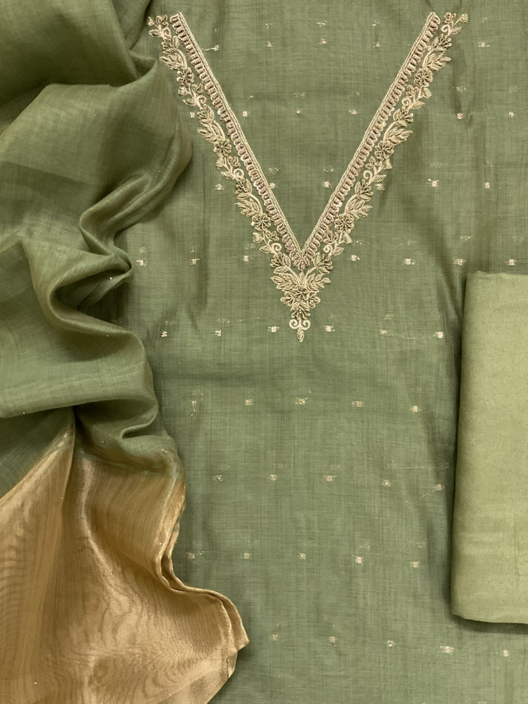 Image of Soft Kora Chanderi Banarasi Weaved Embroidered Suit - Green