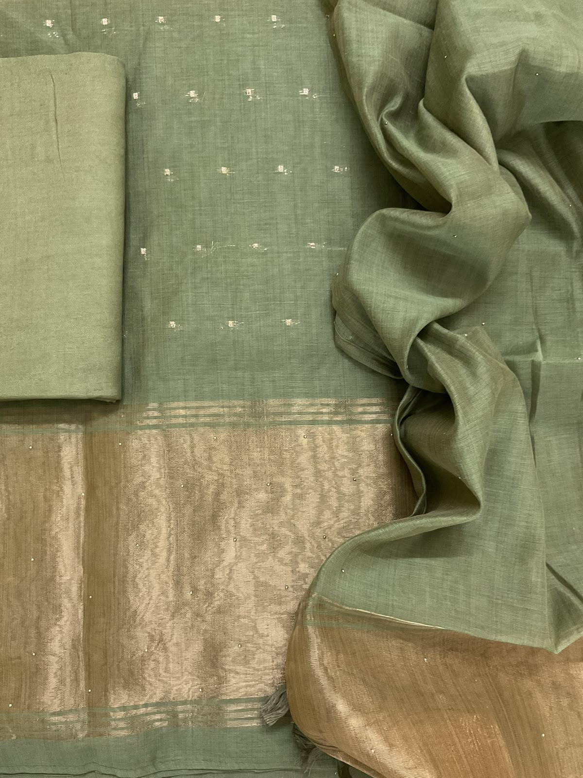 Soft Kora Chanderi Banarasi Weaved Embroidered Suit - Green