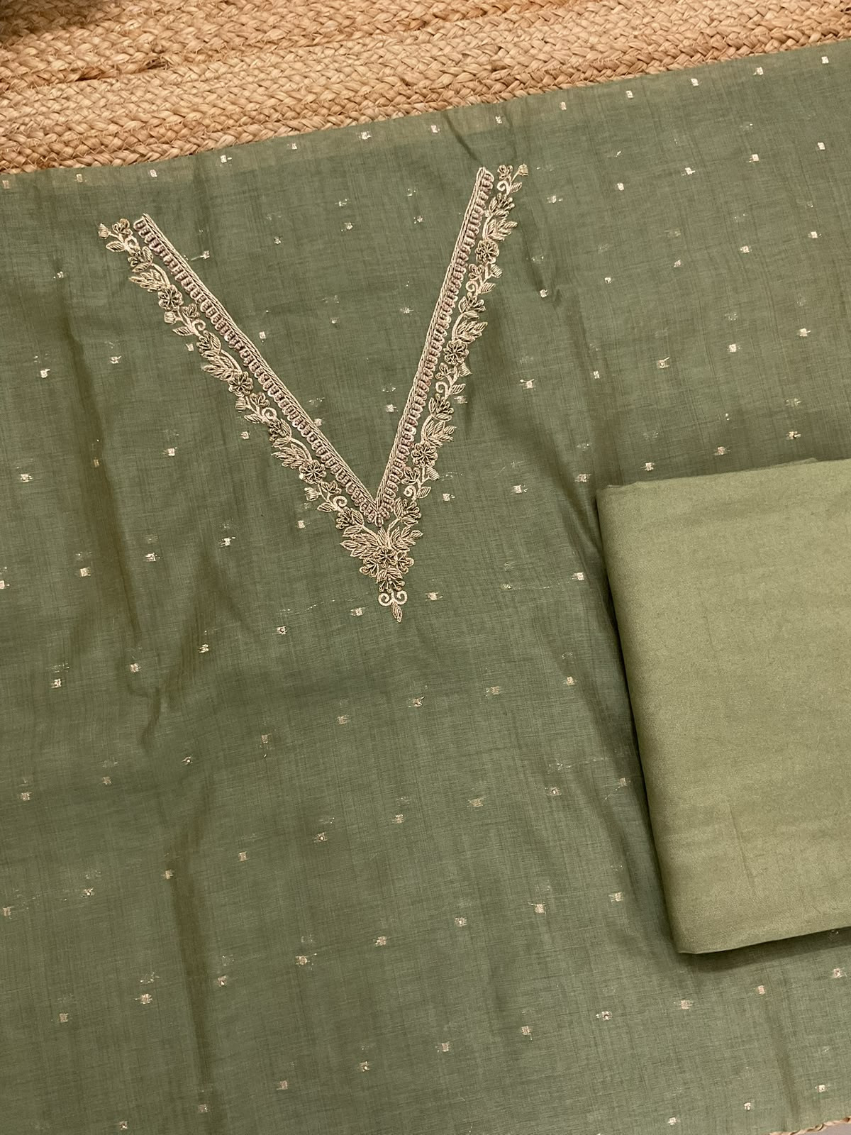 Soft Kora Chanderi Banarasi Weaved Embroidered Suit - Green