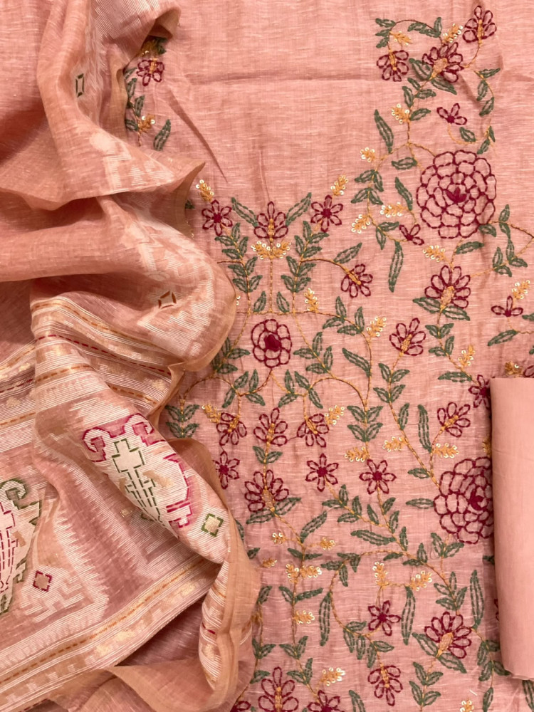 Image of Soft Slub Chanderi Jamdani Weaved Kantha Work Suit - Peach