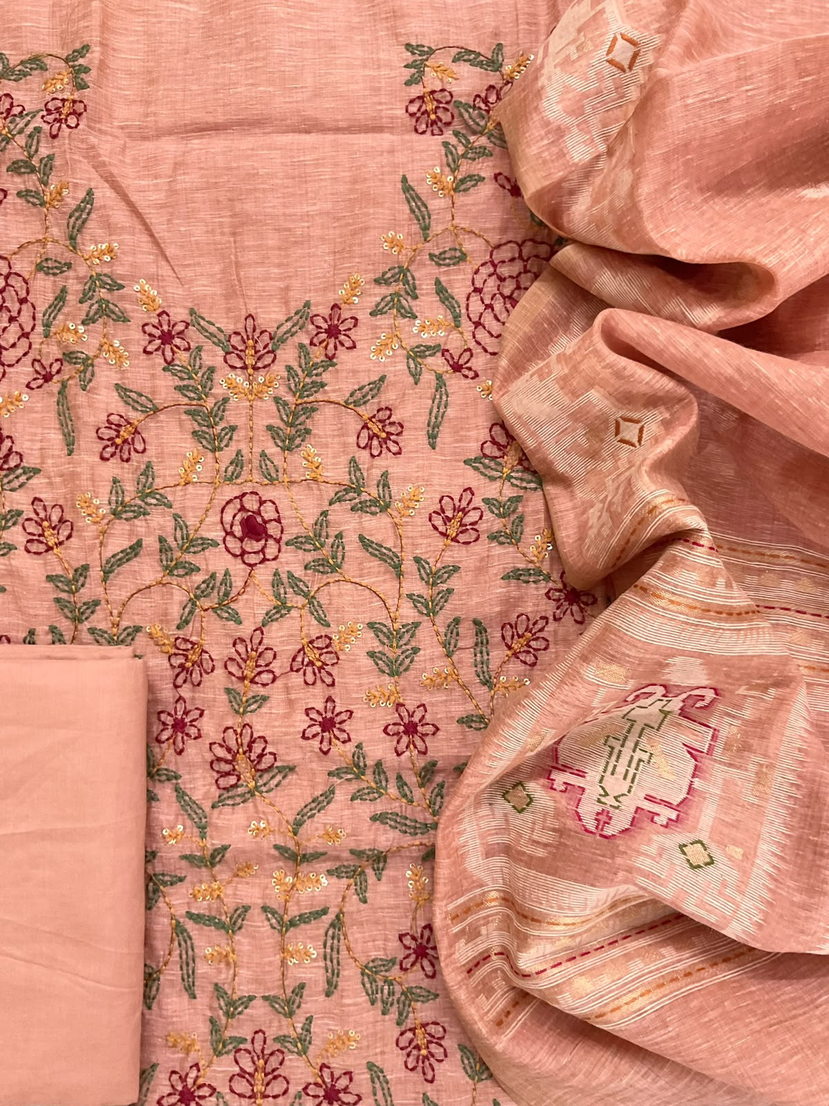 Soft Slub Chanderi Jamdani Weaved Kantha Work Suit - Peach