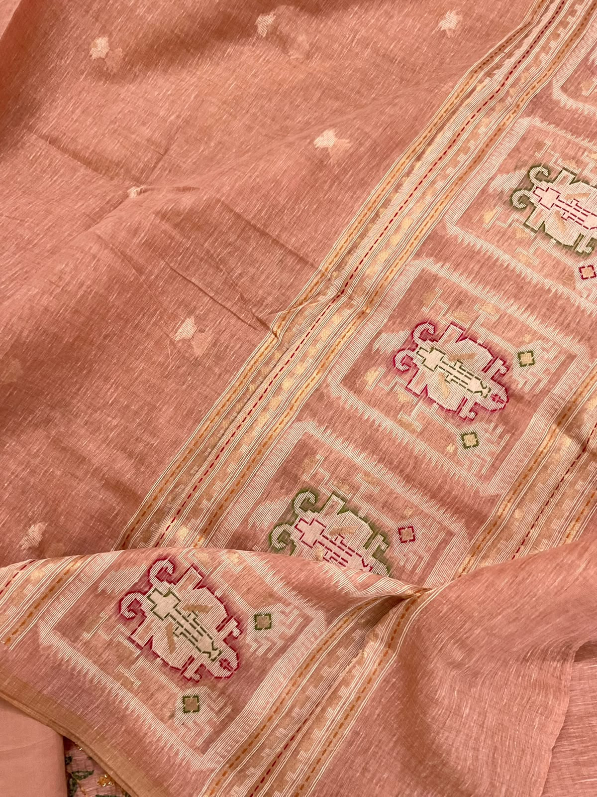 Soft Slub Chanderi Jamdani Weaved Kantha Work Suit - Peach