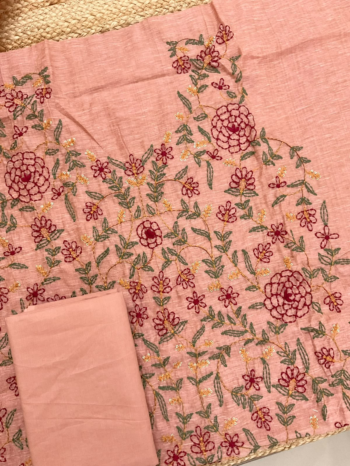Soft Slub Chanderi Jamdani Weaved Kantha Work Suit - Peach