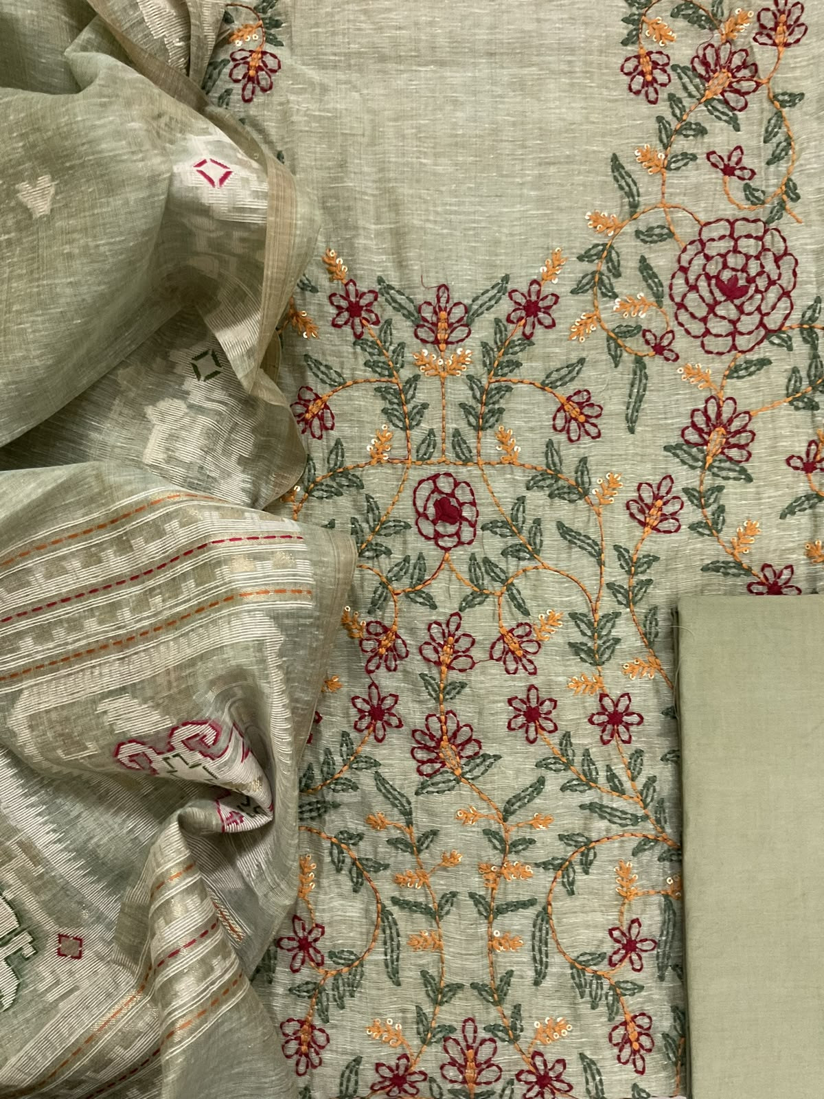 Soft Slub Chanderi Jamdani Weaved Kantha Work Suit - Green