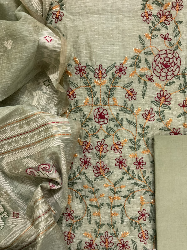 Image of Soft Slub Chanderi Jamdani Weaved Kantha Work Suit - Green